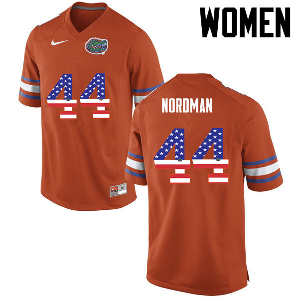 Women Florida Gators #44 Tucker Nordman College Football USA Flag Fashion Jerseys-Orange - Click Image to Close